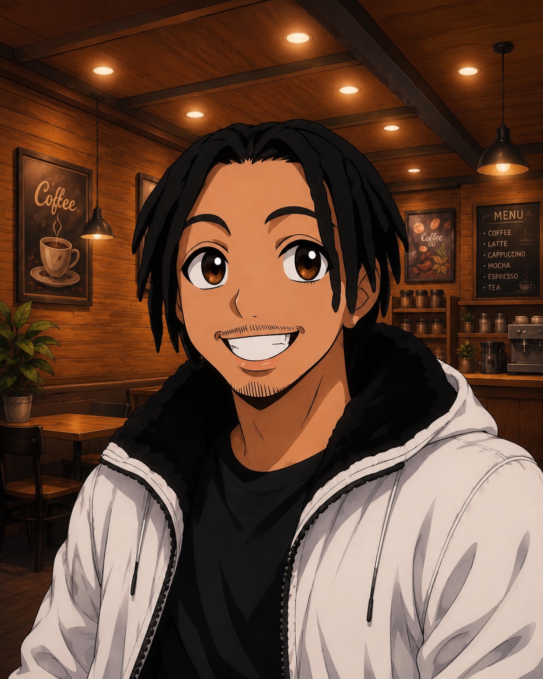 Illustrated portrait of Brandon Temple wearing a white jacket in a warmly lit coffee shop