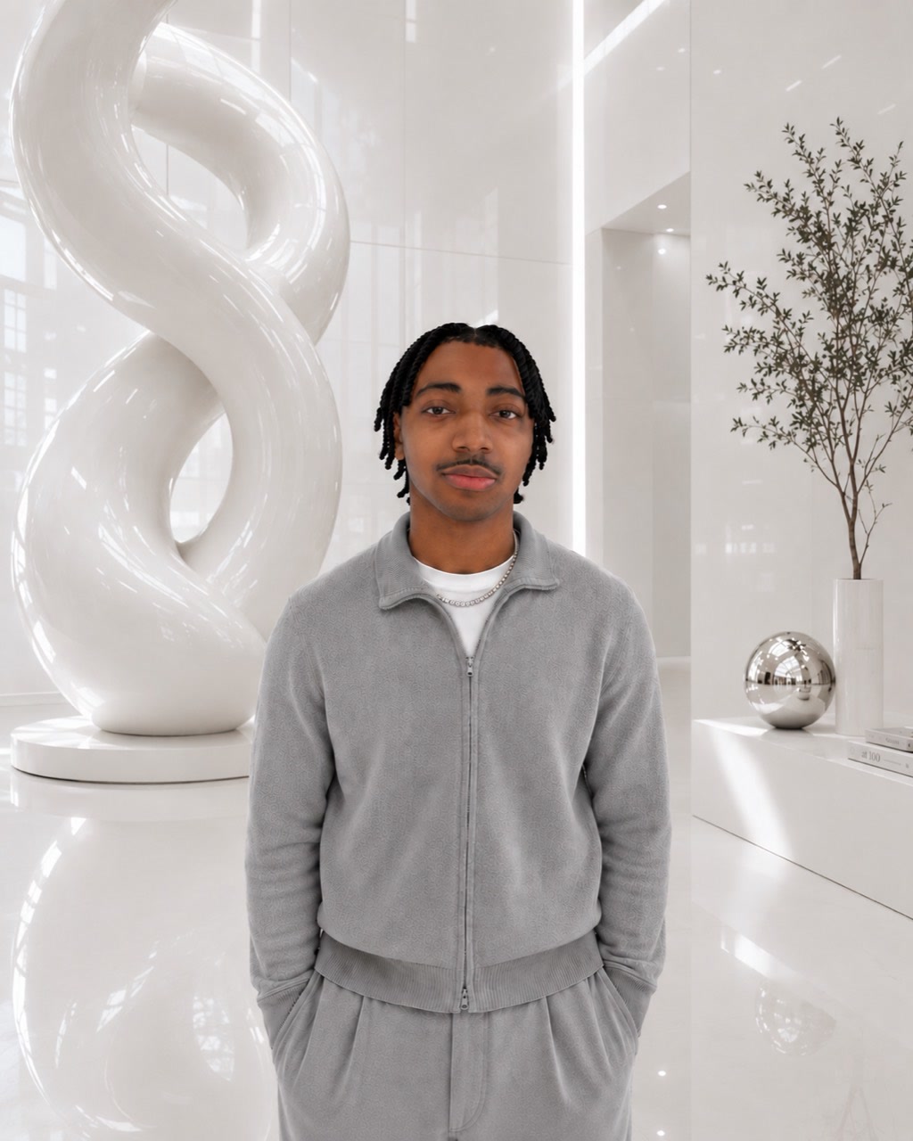 Brandon Temple wearing a light gray zip jacket in a bright white gallery beside an abstract loop sculpture and olive tree