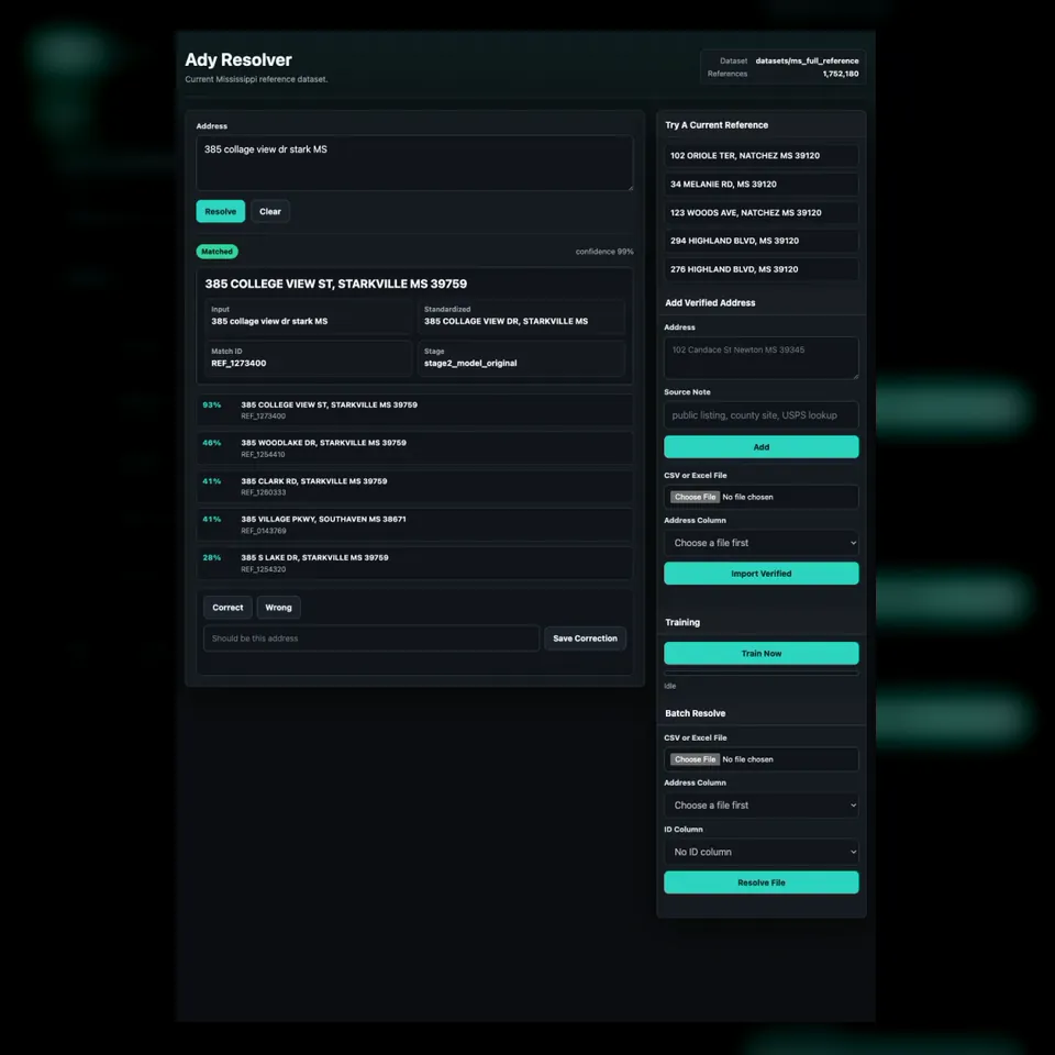 Ady Resolver interface showing a matched address and ranked candidates