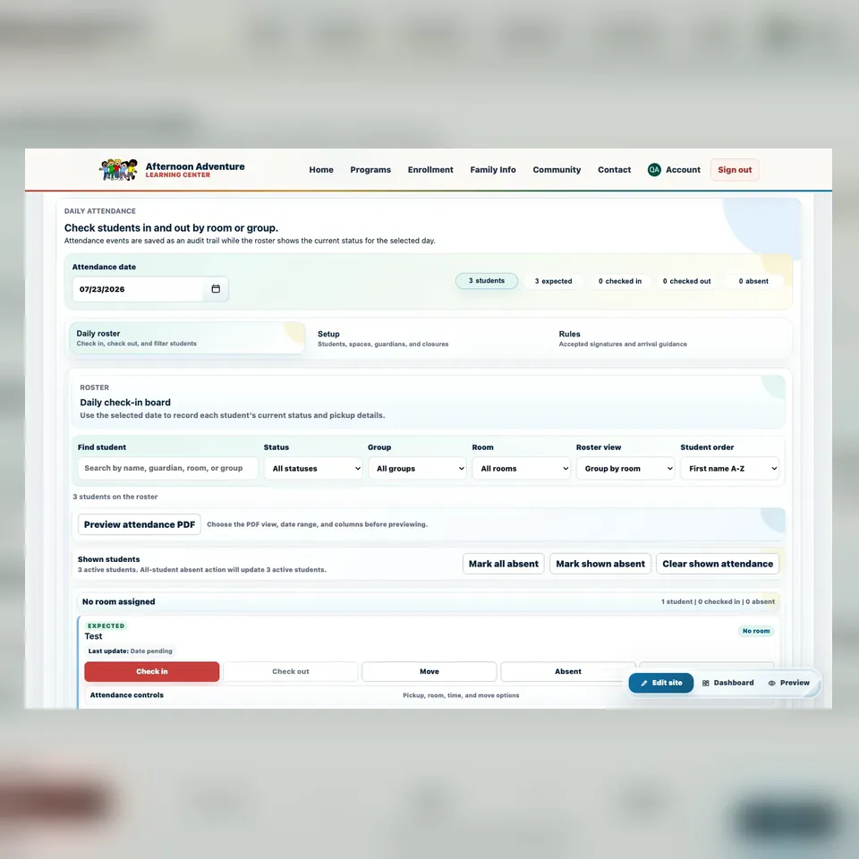 Afternoon Adventure daily attendance dashboard with roster totals and check-in status