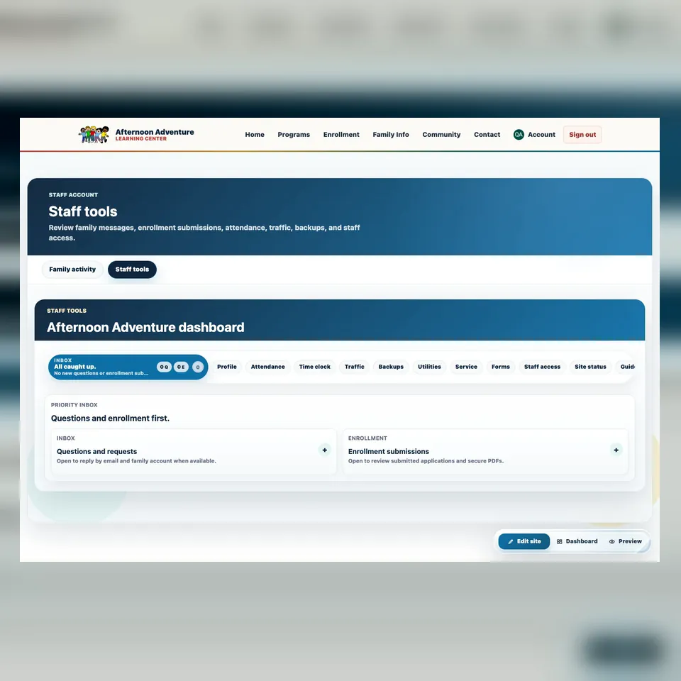 Afternoon Adventure staff operations dashboard with priority inbox and role-aware workspace tabs