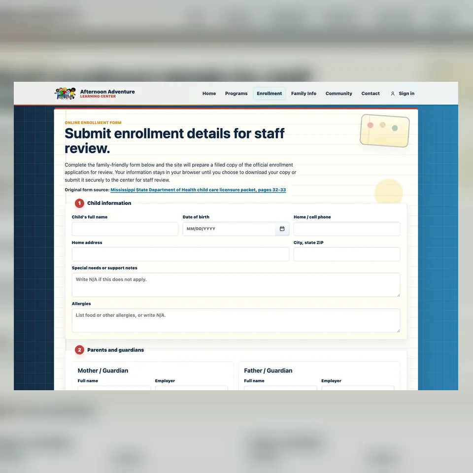 Afternoon Adventure desktop enrollment workflow with structured child and guardian information fields