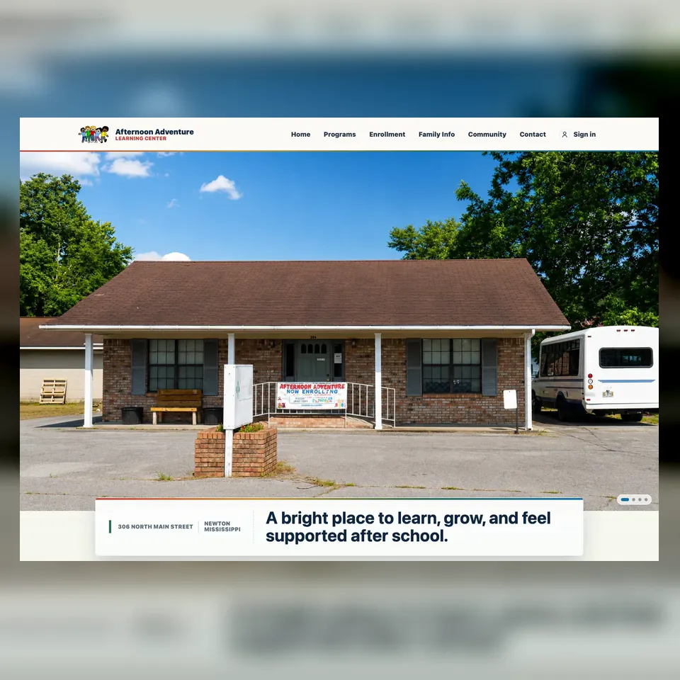 Afternoon Adventure public homepage with full desktop navigation and the learning center exterior