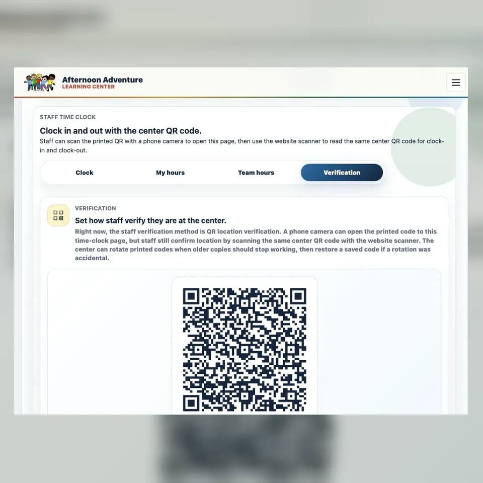 Afternoon Adventure QR-verified staff time clock configuration