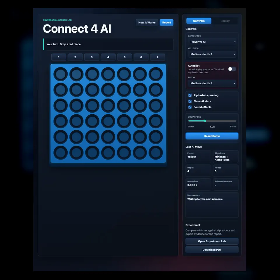 Complete Connect 4 AI interface with game board, minimax controls, and experiment statistics