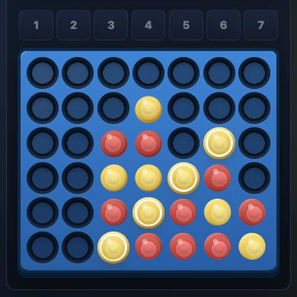 Completed Connect 4 AI autopilot match with the full board, difficulty controls, alpha-beta pruning, and last-move statistics visible