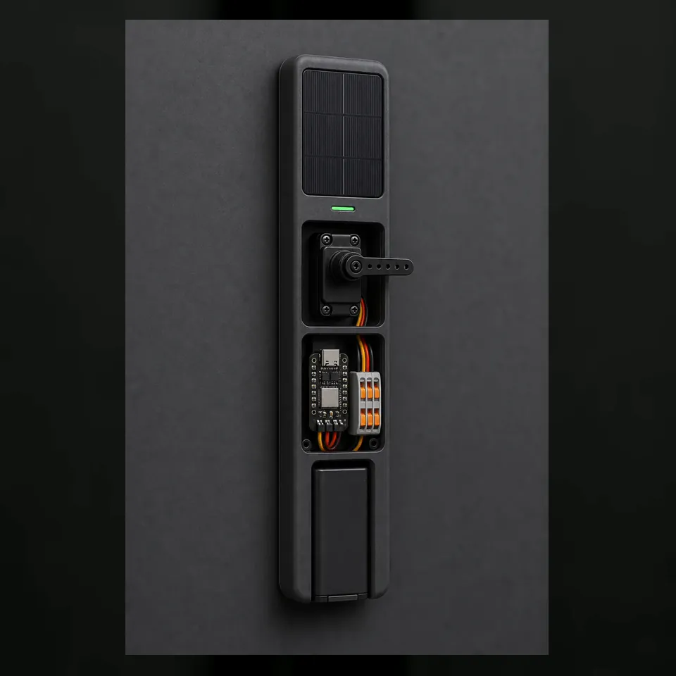 Door Unlocker phase-two enclosure concept with actuator, controller, solar panel, and battery housing