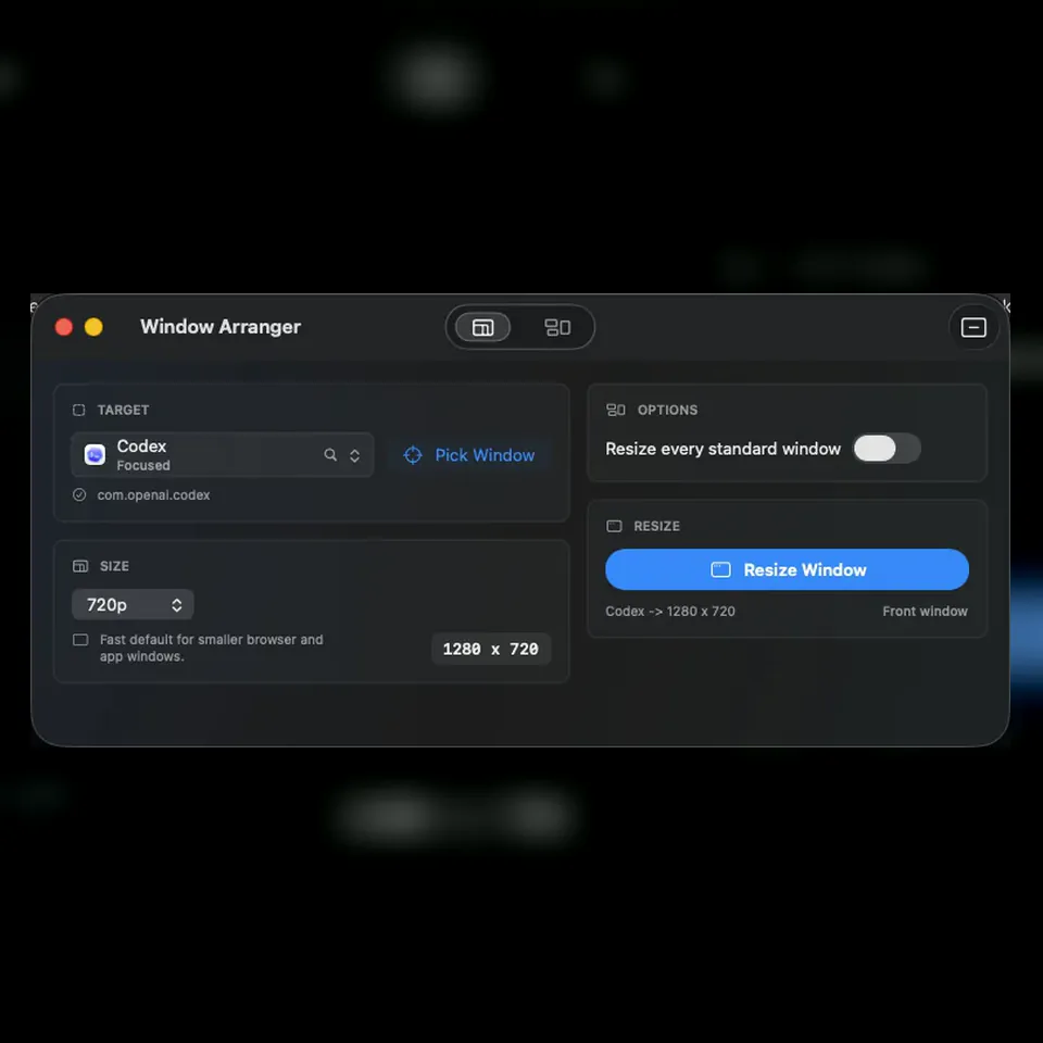 Mac Window Arranger resize workflow for a selected application