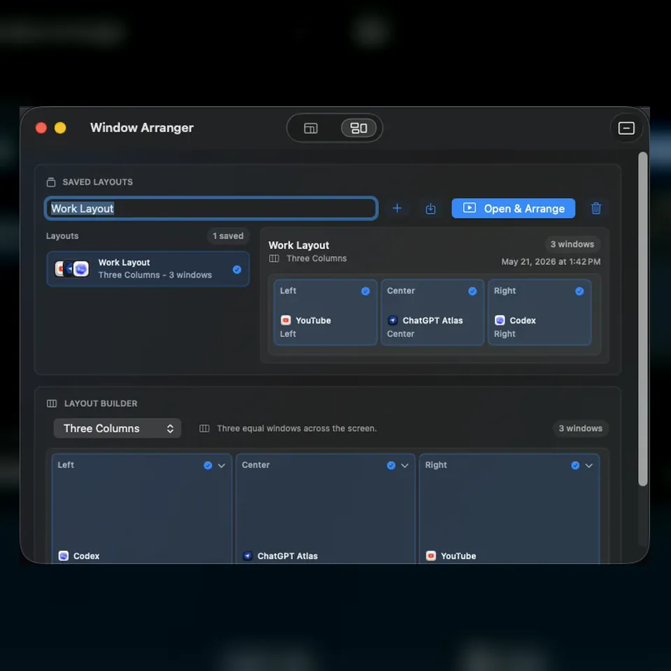 Mac Window Arranger saved workspace and three-column layout builder