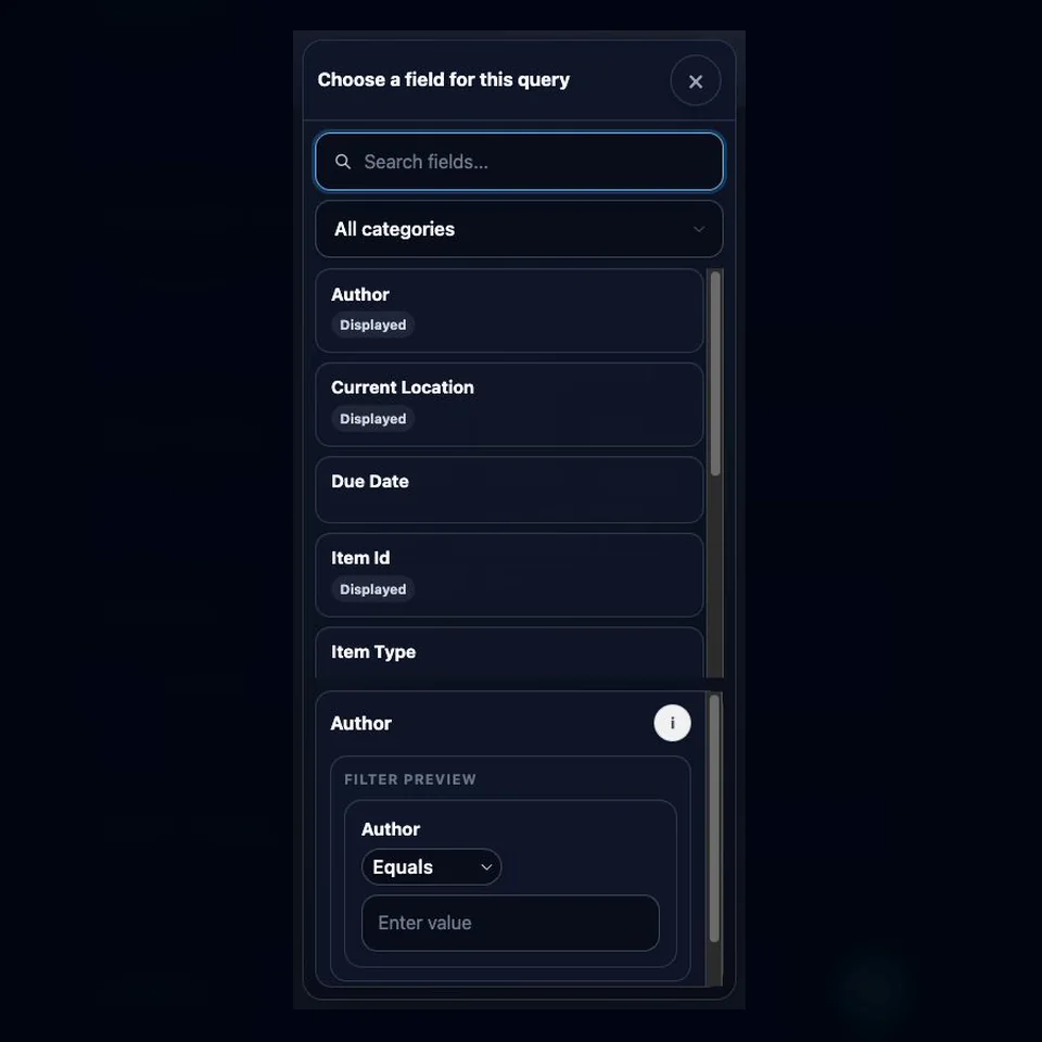Query field chooser showing searchable fields, category filtering, and an inline Author filter preview