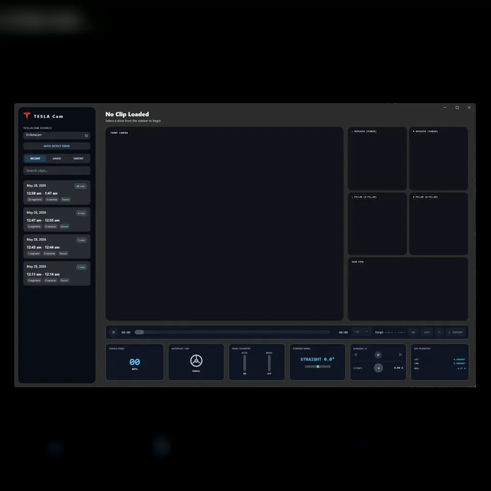 TeslaCamViewer drive browser with six-camera playback layout and telemetry panels