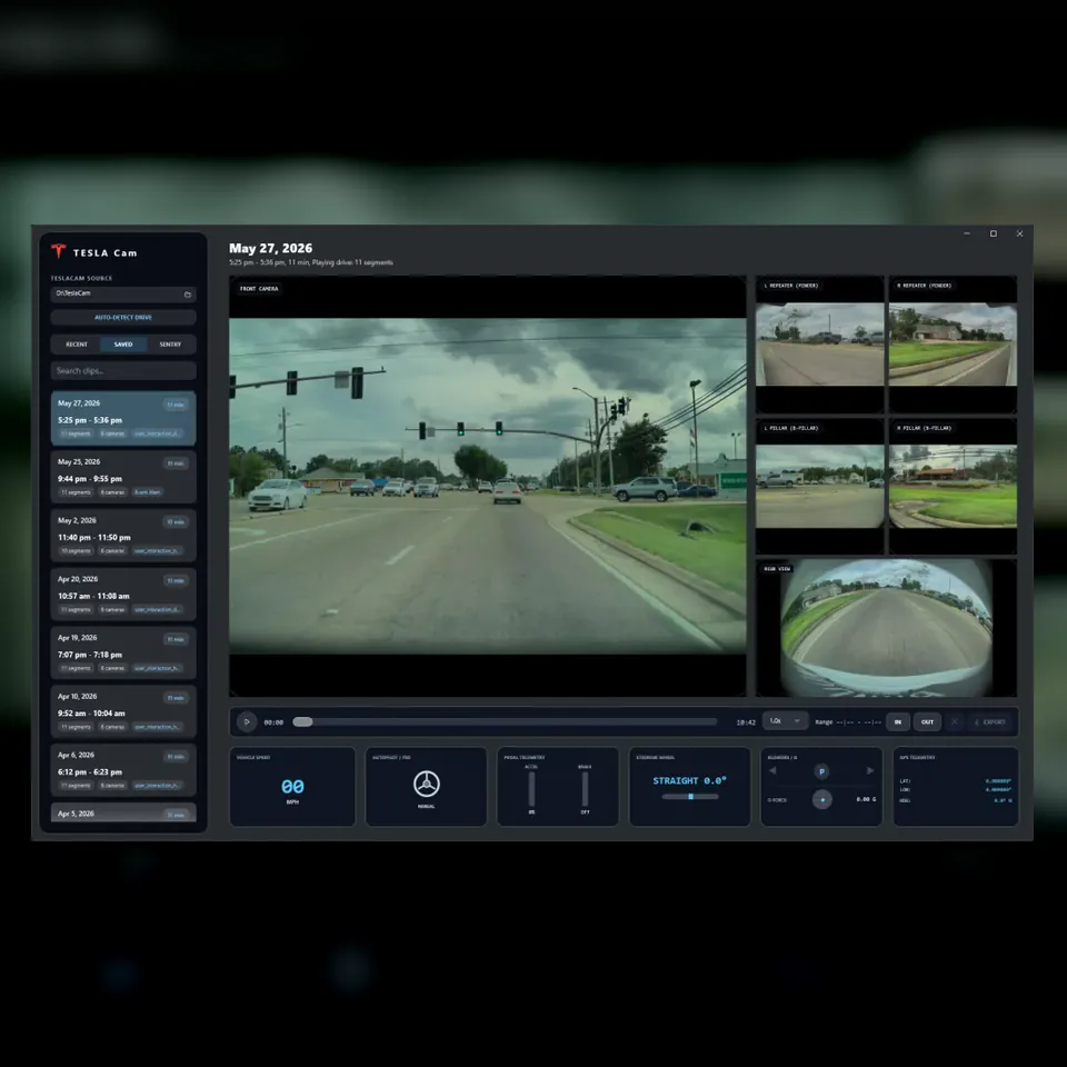 TeslaCamViewer multi-camera playback and vehicle telemetry dashboard